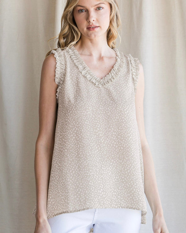 Sleeveless Tan and White Speckled Cheetah Ruffle Neck Tank Top