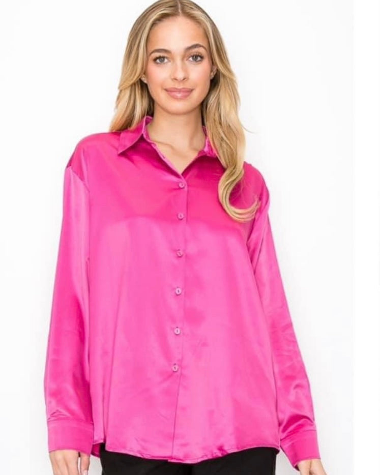 Hot Pink Satin Button Down Long Sleeve Blouse