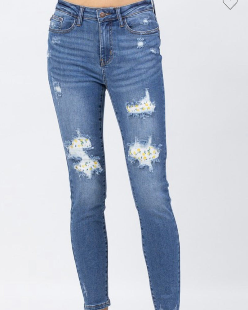 Judy Blue Yellow Lemon Patch Distressed Denim Skinny Jeans