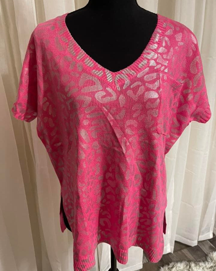 Blush Pink Foil Metallic Leopard Light Knit Top