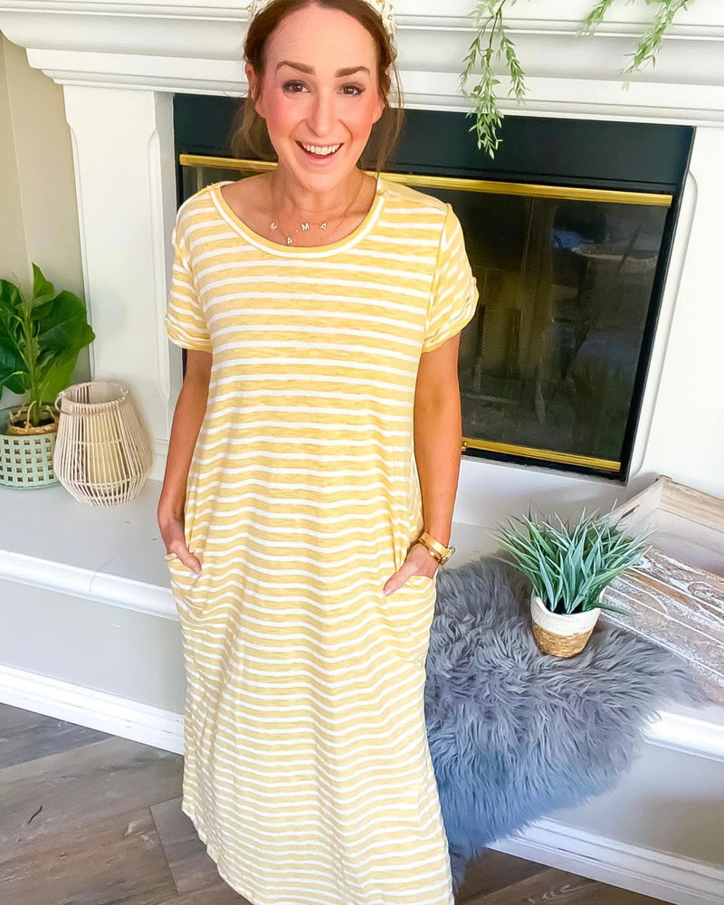 Yellow and White Stripe Short Sleeve Maxi Dress