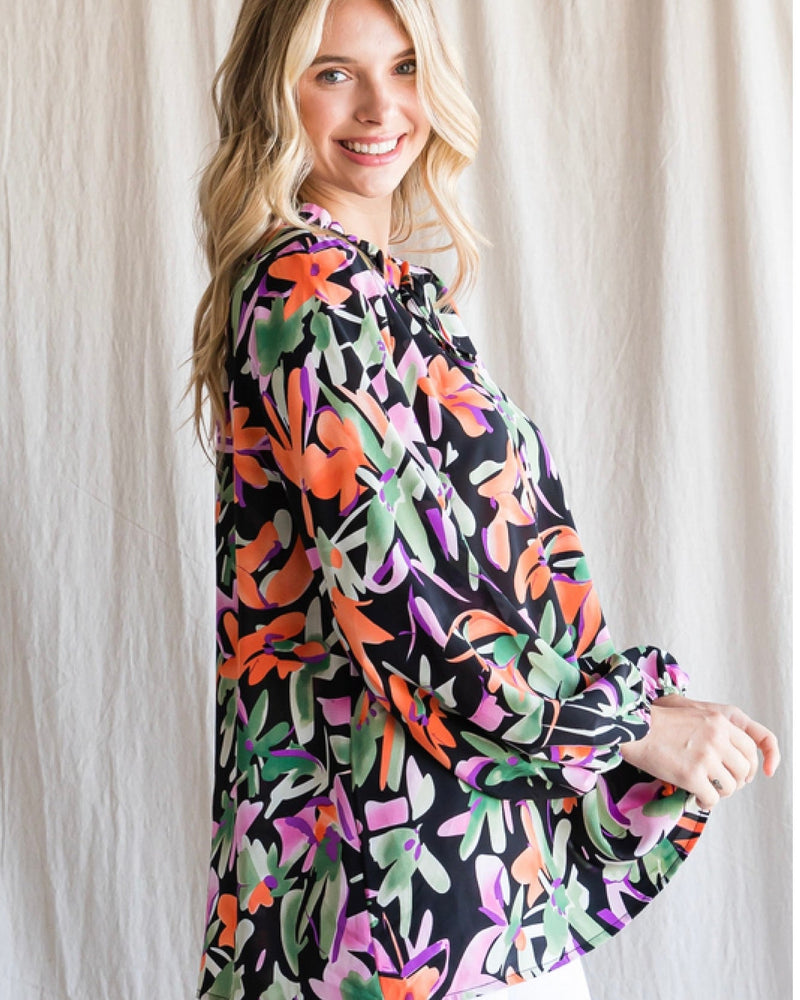 Tropical Long Sleeve High Neck Blouse in Orange, Green and Purple on Black
