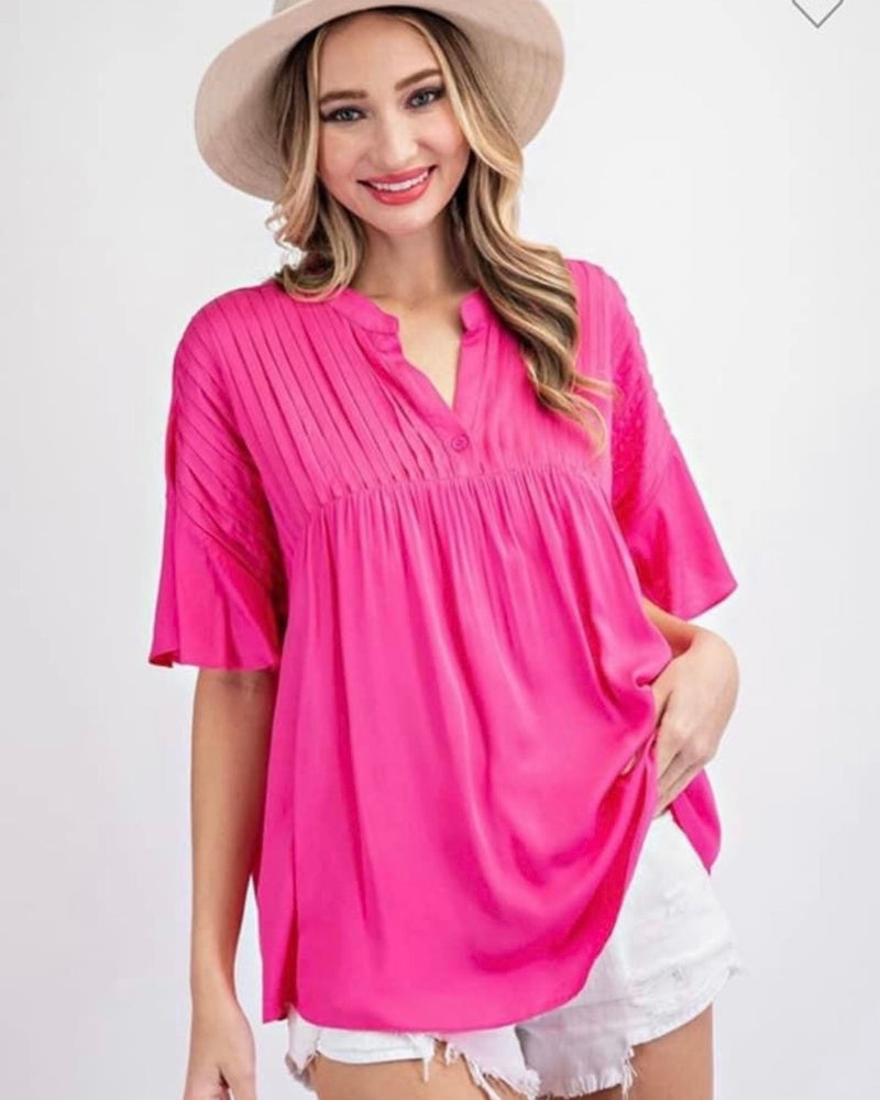 Hot Pink Solid open Vneck Front Pleated Blouse