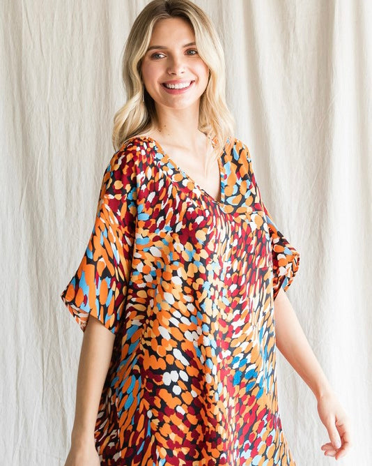 Fall Color Boxy Style Top in Orange, Red & Blue Multicolors