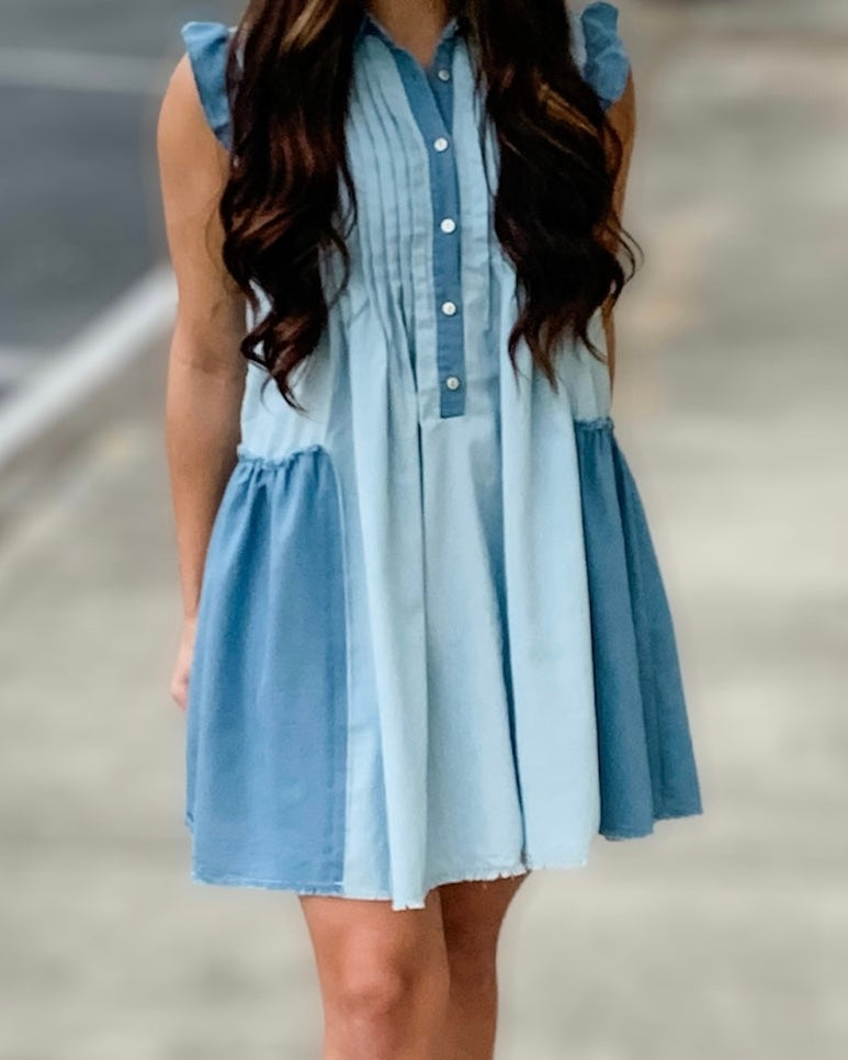 Blue Denim Chambray Button Sleeveless Dress