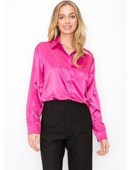 Hot Pink Satin Button Down Long Sleeve Blouse