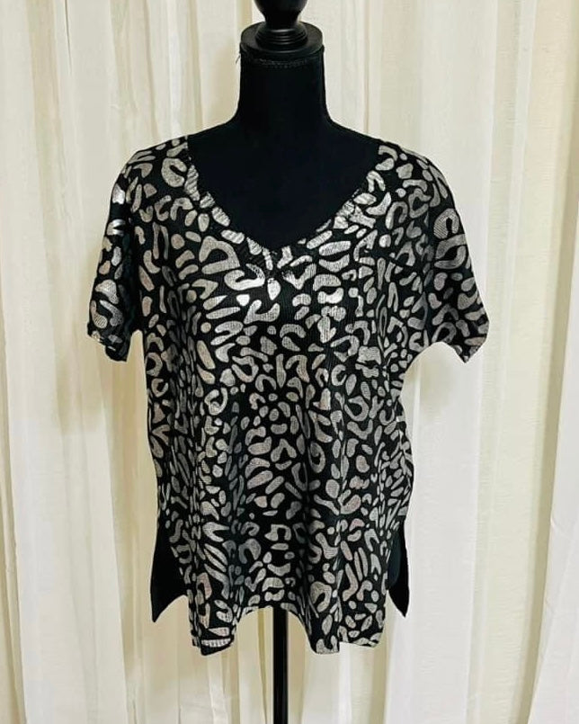 Blush Pink Foil Metallic Leopard Light Knit Top