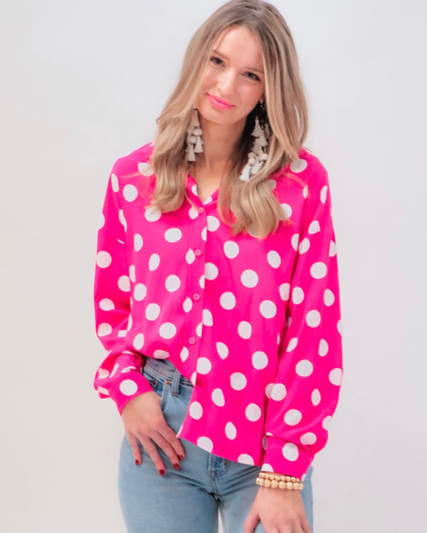 Hot Pink Polka Dot Long Sleeve Button Down Blouse