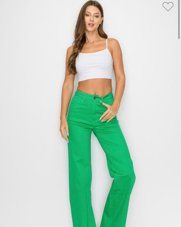 Green High Waisted Stretch Colored Wide Leg Jeans
