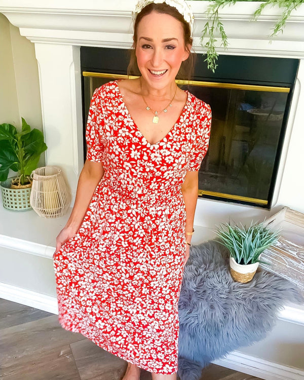 Orange & White Floral Design Midi Dress