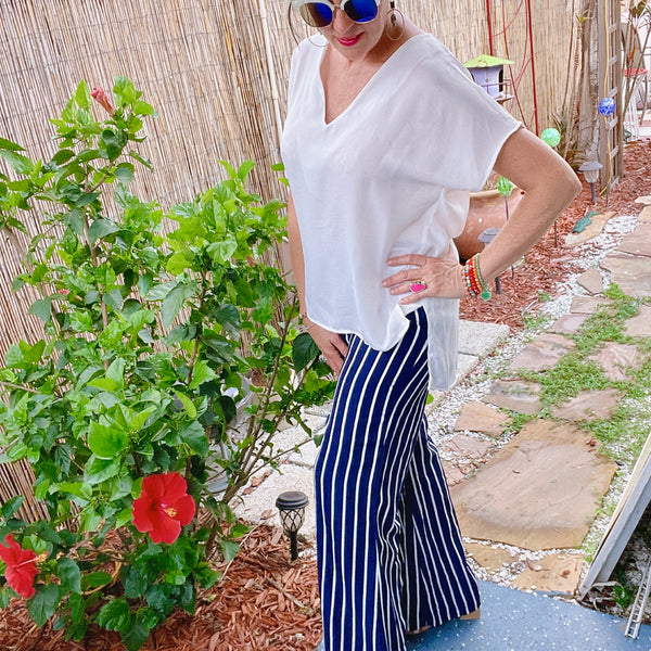 Blue and white shop striped wide leg pants