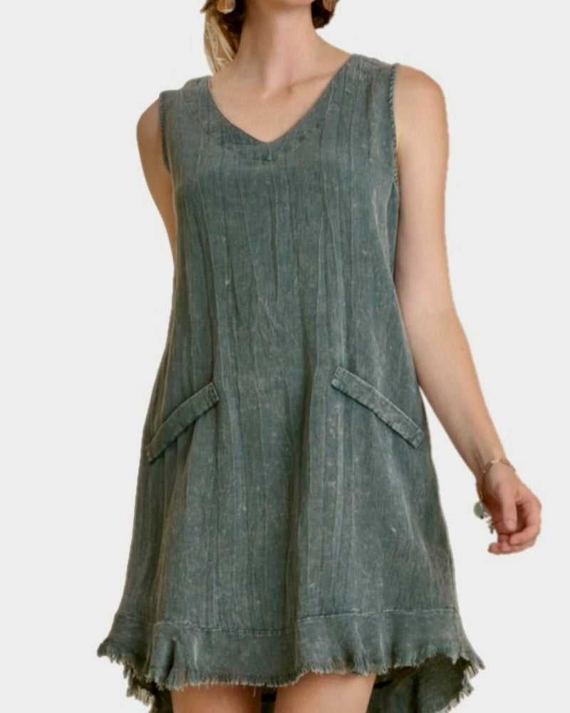 Blue Grey Garment Dyed Sleeveless Pocket Dress