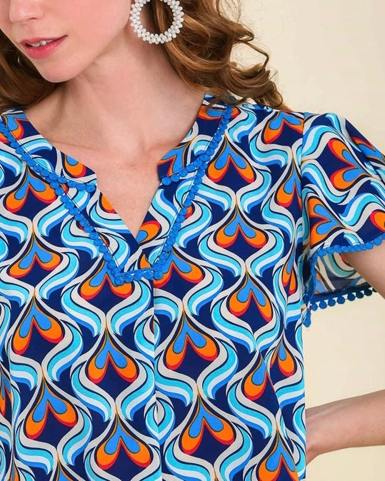 Shades of Blue with Orange Abstract Heart Print Pom Pom Top