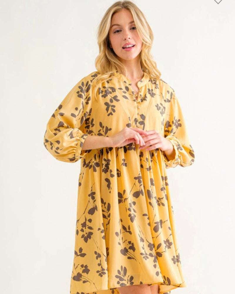 Butter Yellow & Grey Leaf Print Dress