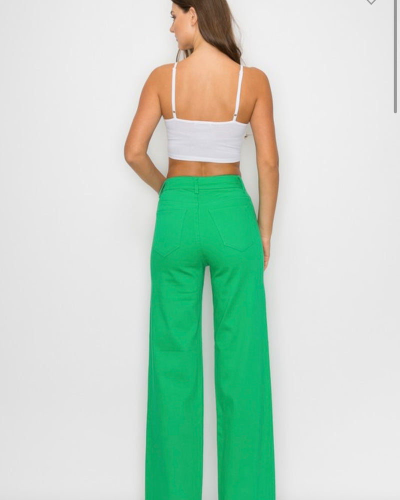 Green High Waisted Stretch Colored Wide Leg Jeans