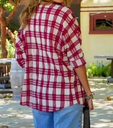 Red & White Plaid Button Down Short Sleeve Top