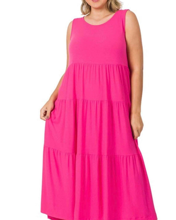 Plus Size Pink Sleeveless Tiered MIDI Dress