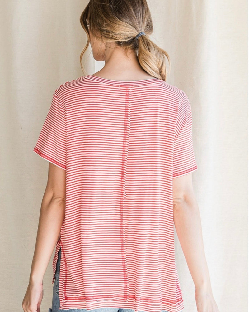 Red with White Stripes Casual Short Sleeve TShirt Top