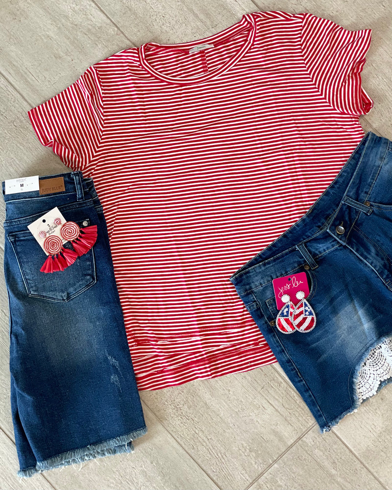 Red with White Stripes Casual Short Sleeve TShirt Top