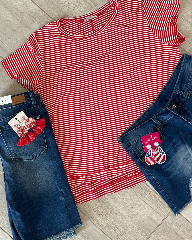 Red with White Stripes Casual Short Sleeve TShirt Top