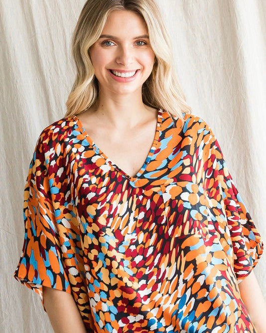 Fall Color Boxy Style Top in Orange, Red & Blue Multicolors