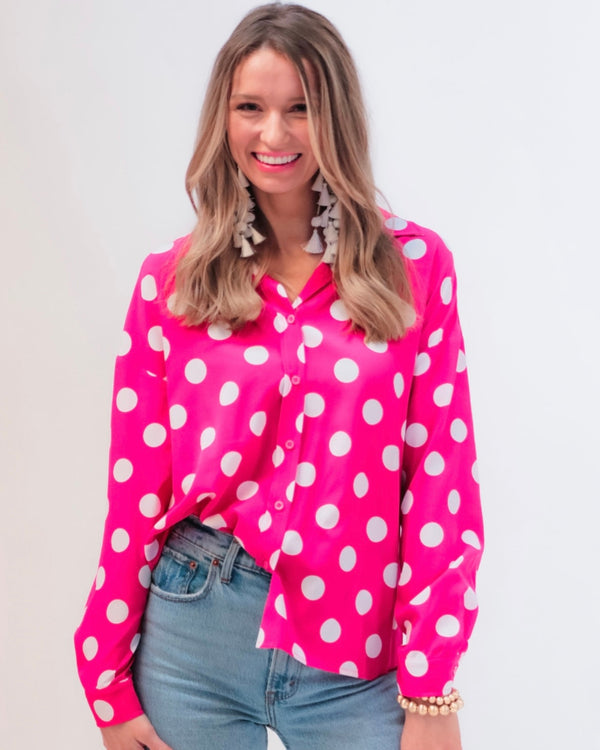 Hot Pink Polka Dot Long Sleeve Button Down Blouse