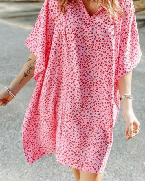 Pink Red Leopard Flare Sleeve Cover up Dress