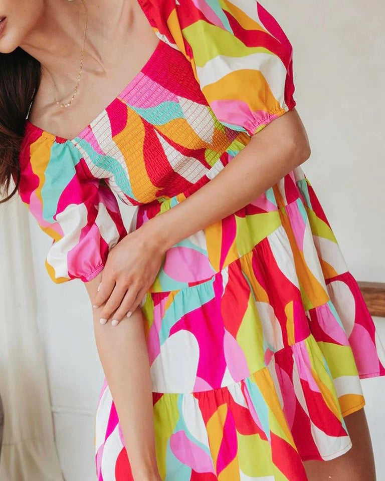 Pink, Yellow & Red Multicolor Smock On/Off Shoulder Dress
