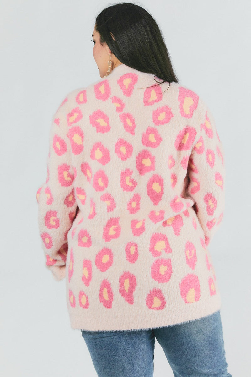 Plus Size Animal Print Pink Fuzzy Button Down Leopard Sweater
