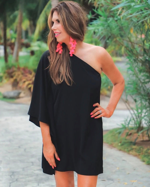 Classic Black One Shoulder Drape Sleeve Knee Length Dress