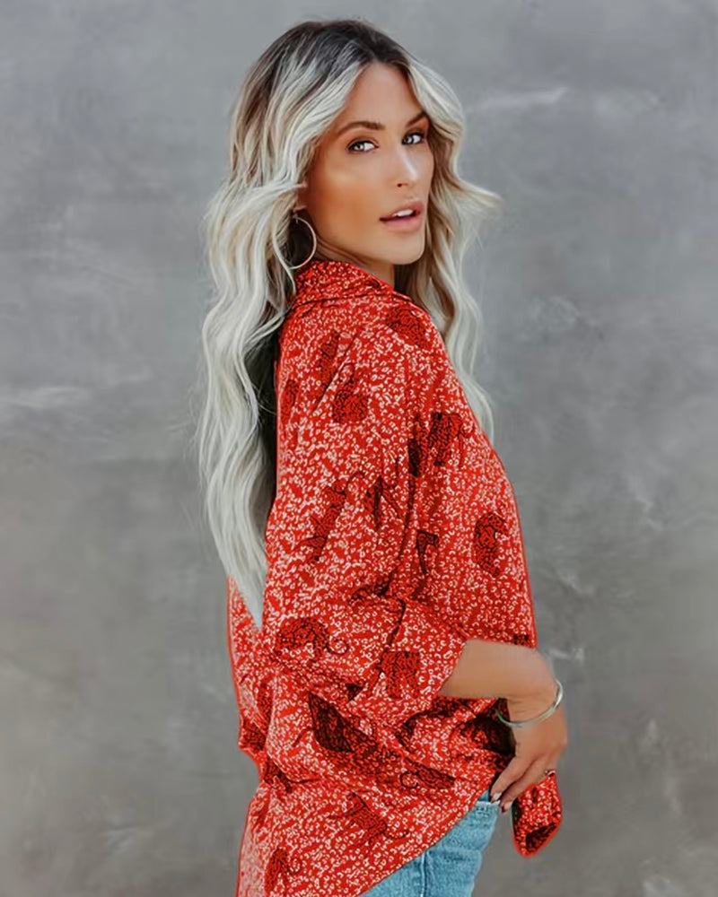 Red Cheetah Print Button Down Long Sleeve Blouse