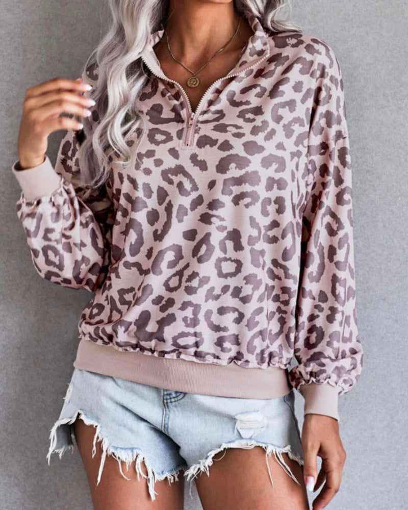 Pink Mauve with Grey Leopard Print Zip Front Pullover