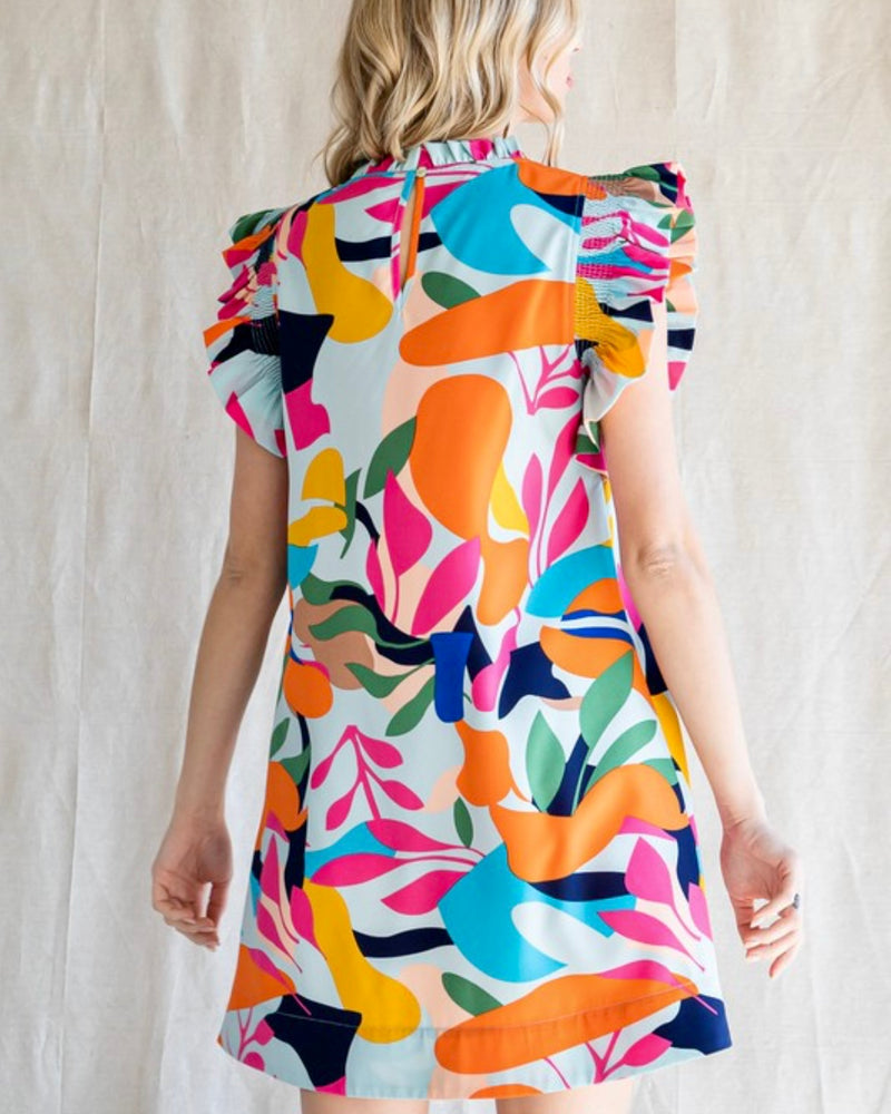 Multi Bright Abstract Tropical Print Ruffle Cap Sleeve Dress