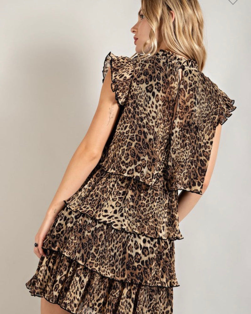 Brown & Black Leopard Animal Print Pleat Layered Ruffle Dress