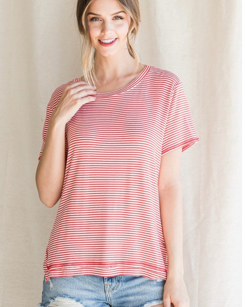 Red with White Stripes Casual Short Sleeve TShirt Top