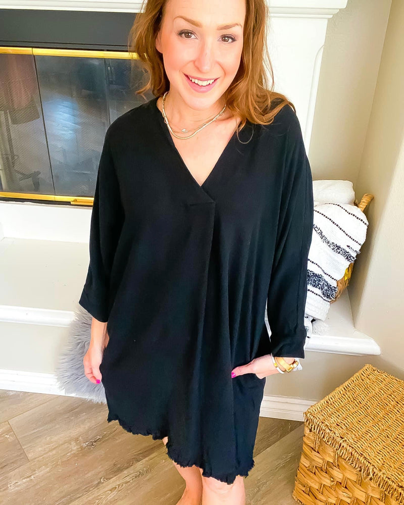 Black Linen Blend 3/4 Sleeve VNeck Dress