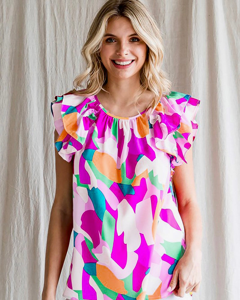 Multicolor Pink White Teal & Peach Double Ruffle Cap Sleeve Top