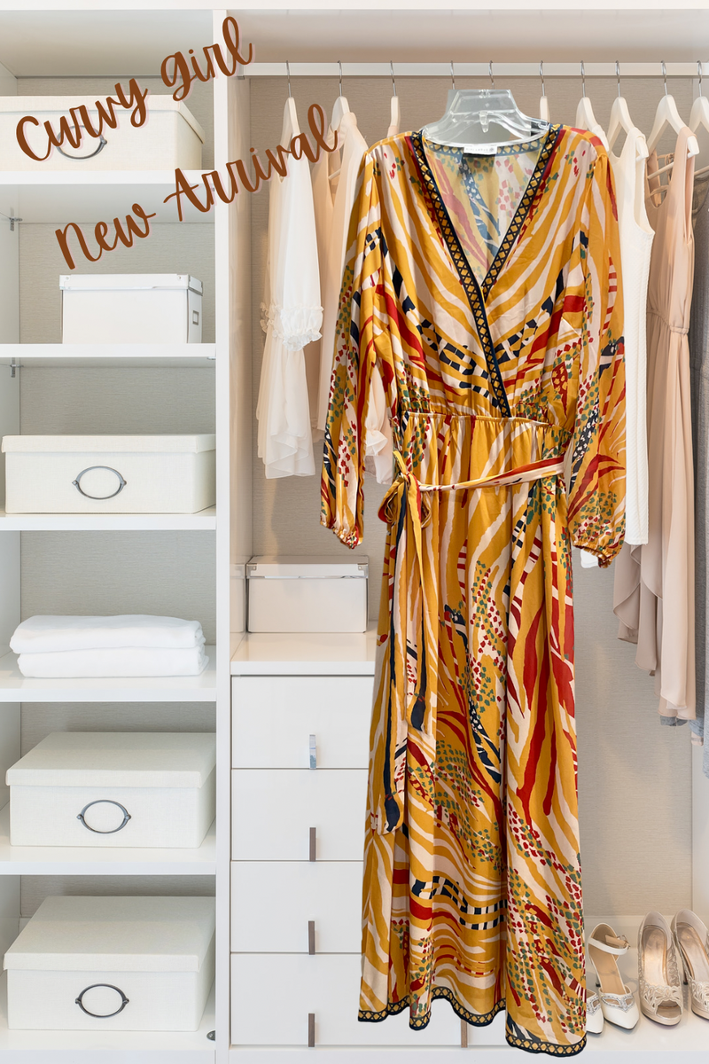 Plus Yellow Gold Abstract Long Sleeve Maxi Dress