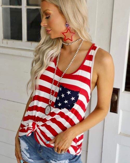 S-2X RWB USA Patriotic Tank Top Red Stripes USA Star Pocket