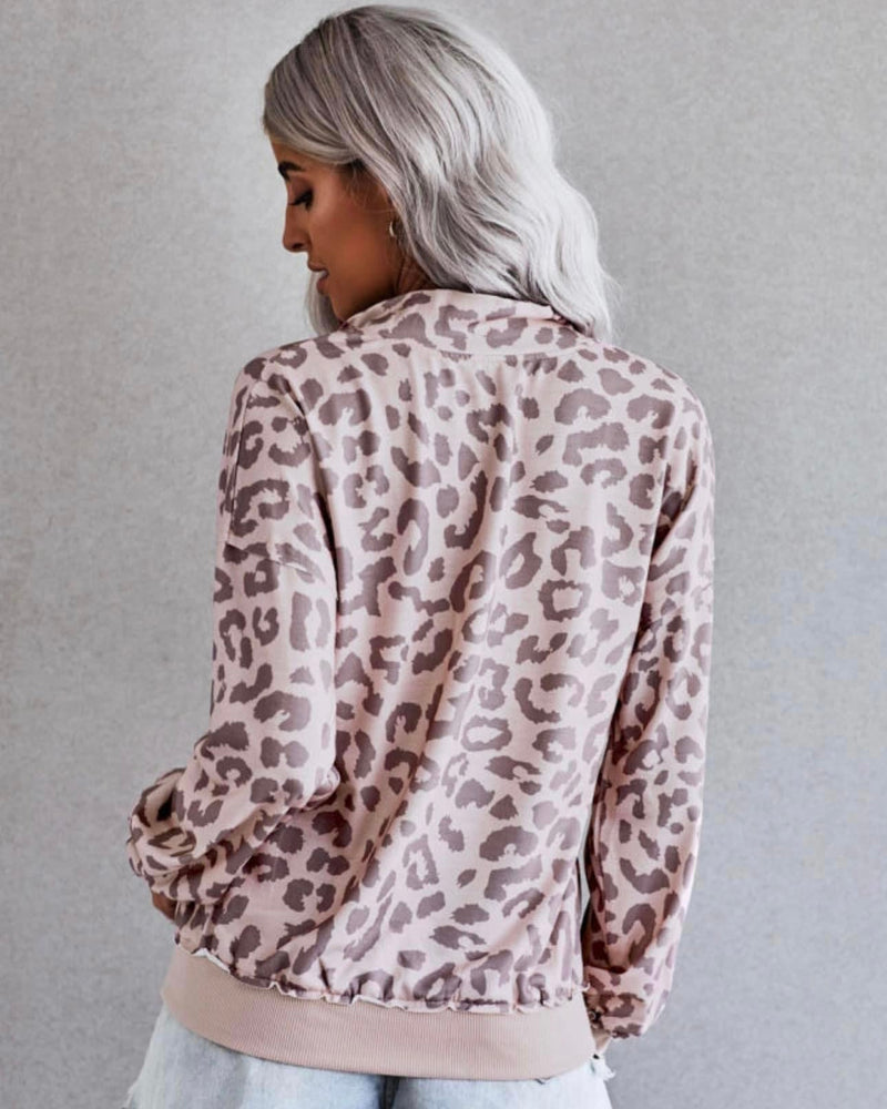 Pink Mauve with Grey Leopard Print Zip Front Pullover