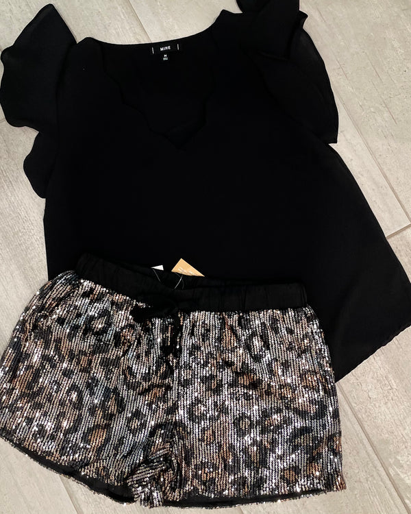 Black Silver Leopard Sequin Pocket Shorts