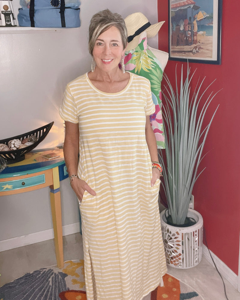 Yellow and White Stripe Short Sleeve Maxi Dress