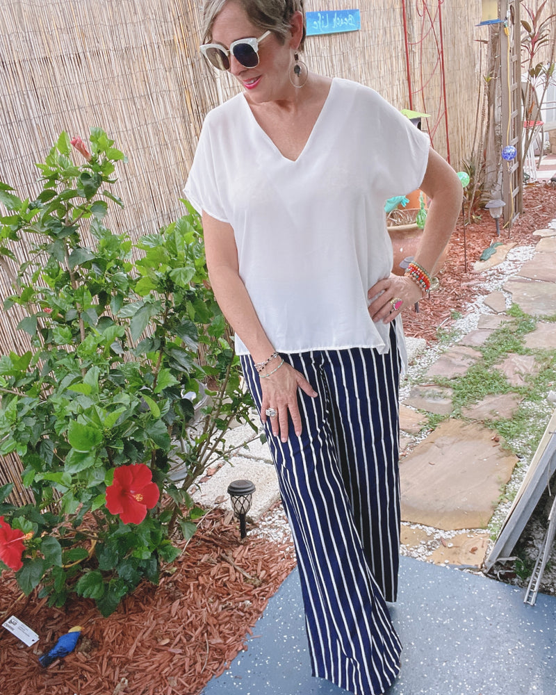 Navy Blue w/White Stripe Wide Leg Pants