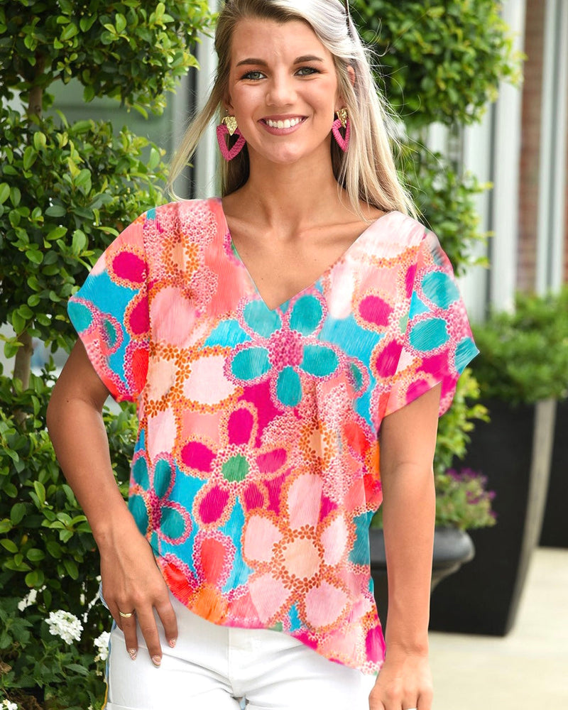 Multi Pink, Green, Orange & Blue Abstract Flower Graphic Top