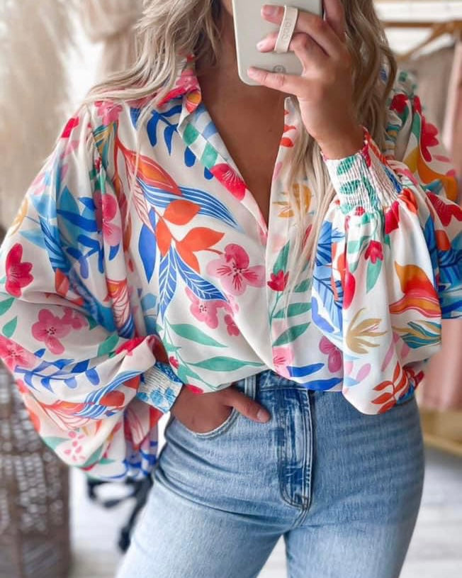 Fabulous Tropical Floral Print on White Balloon Puff Long Sleeve Blouse