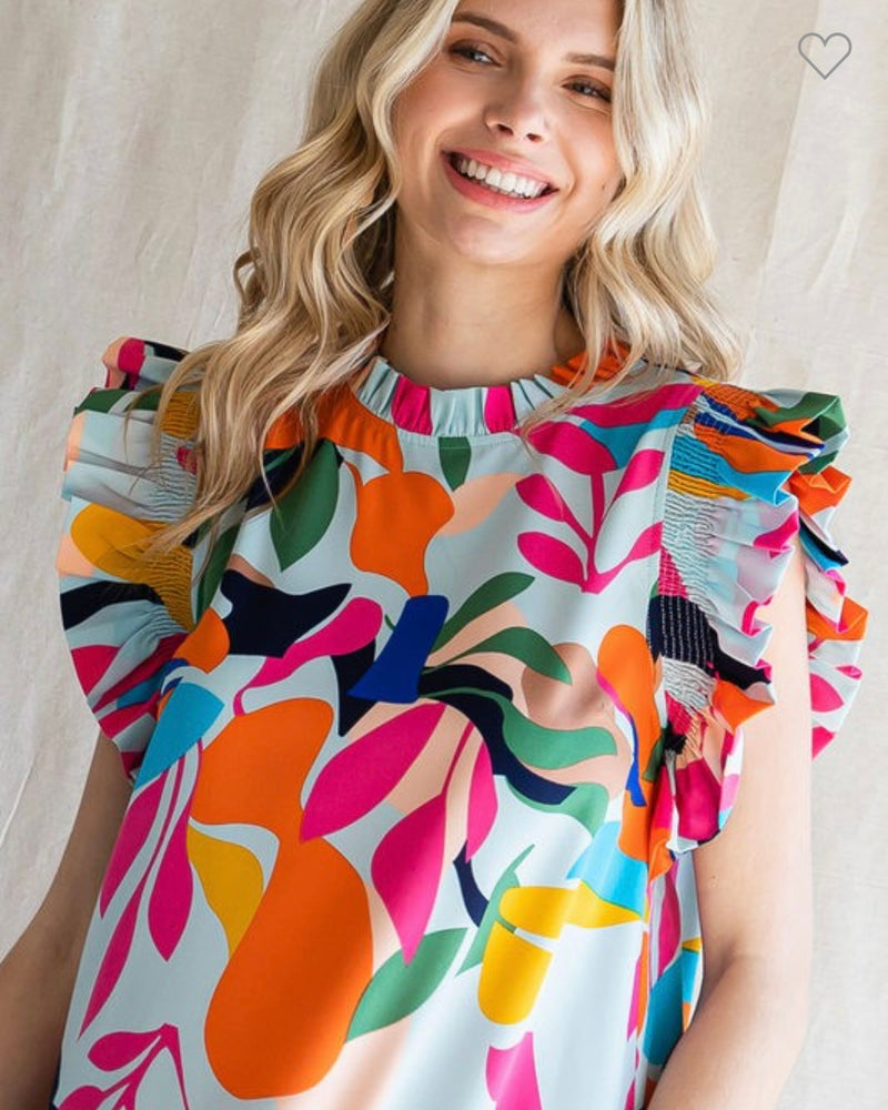 Multi Bright Abstract Tropical Print Ruffle Cap Sleeve Dress