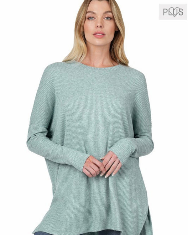 Plus Size Sage Green Round Neck Ribbed Lightweight Knit Top