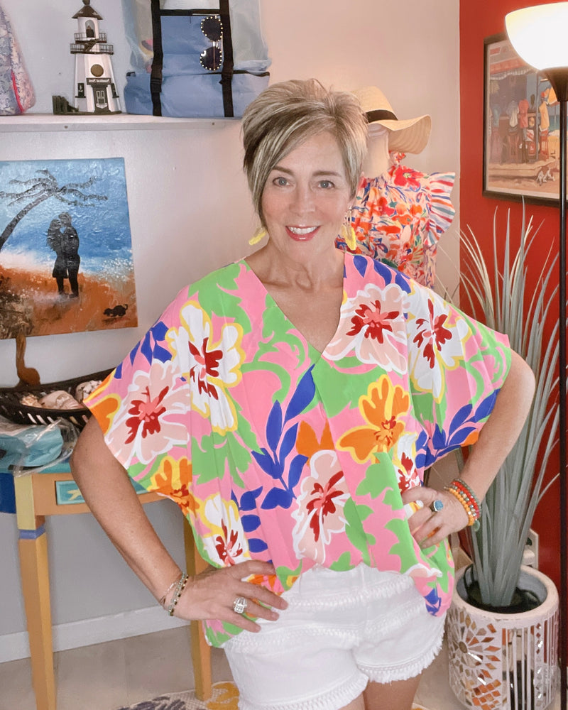 Large Tropical Print Boxy Style Top in Bright Multicolors of Green, Pink, Orange & Purple