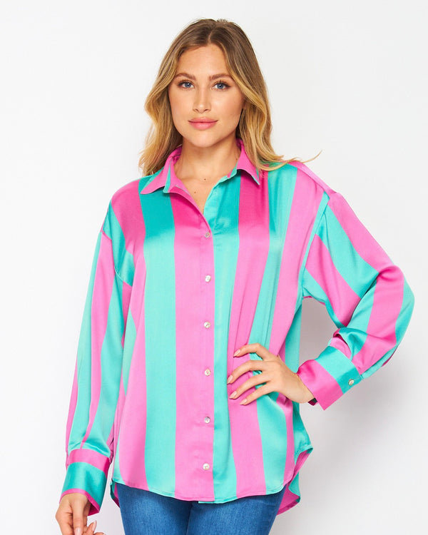 Plus Size Green & Pink or Blue & White Bold Striped Satin Long Sleeve Top