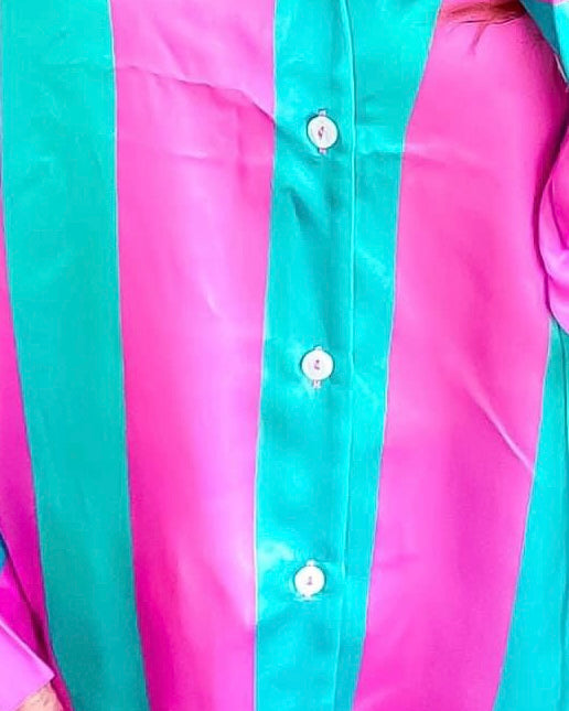 Plus Size Green & Pink or Blue & White Bold Striped Satin Long Sleeve Top